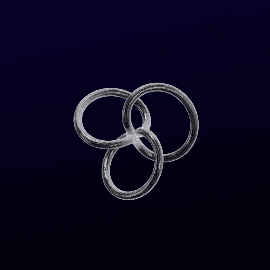 3D silver interlocking rings on a dark background